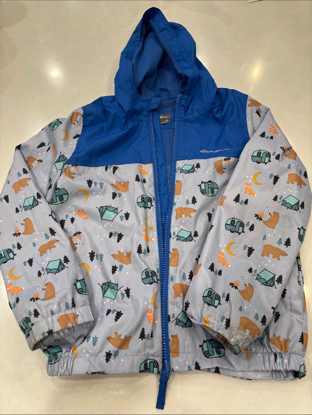 Eddie Bauer Blue and Gray Kids Raincoat with Camping Print